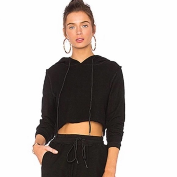 Danielle Guizio Tops - Danielle Guizio Exposed Seam Cropped Hoodie Sweatshirt Black